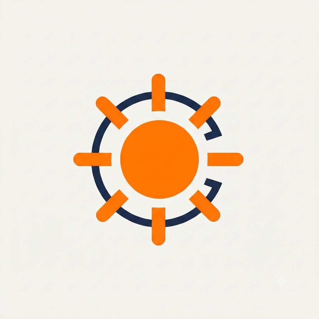 Logotipo y favicon de Construyamos Bienestar: icono circular que integra una letra C estilizada en azul Oxford y un sol radiante en naranja vibrante.